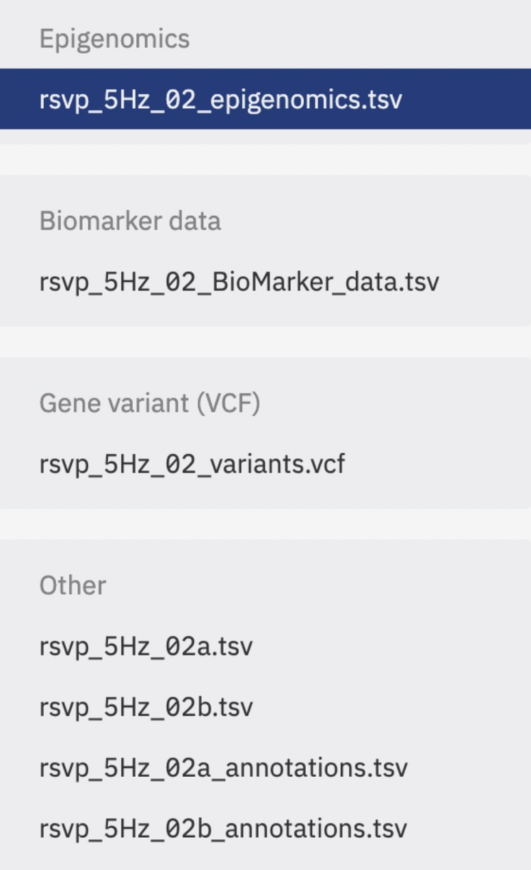 Example of variants, biomarker and epigenomics data, combined with EEG signal and annotations data stored in ODM